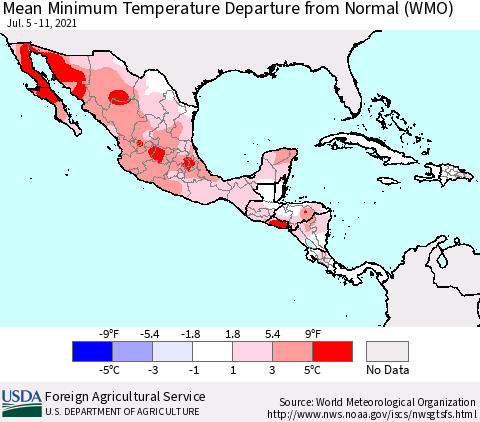 Mexico Central America and the Caribbean Mean Minimum Temperature Departure from Normal (WMO) Thematic Map For 7/5/2021 - 7/11/2021