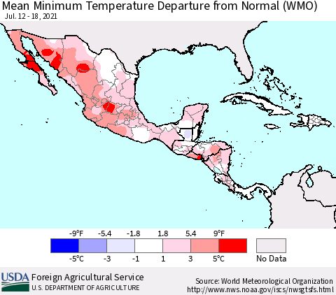 Mexico Central America and the Caribbean Mean Minimum Temperature Departure from Normal (WMO) Thematic Map For 7/12/2021 - 7/18/2021