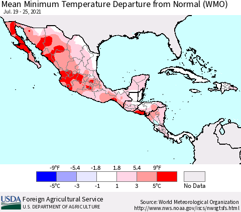 Mexico Central America and the Caribbean Mean Minimum Temperature Departure from Normal (WMO) Thematic Map For 7/19/2021 - 7/25/2021