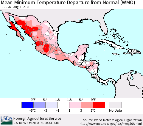 Mexico Central America and the Caribbean Mean Minimum Temperature Departure from Normal (WMO) Thematic Map For 7/26/2021 - 8/1/2021