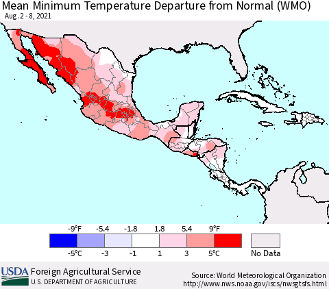 Mexico Central America and the Caribbean Mean Minimum Temperature Departure from Normal (WMO) Thematic Map For 8/2/2021 - 8/8/2021
