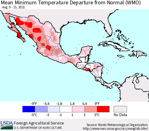 Mexico Central America and the Caribbean Mean Minimum Temperature Departure from Normal (WMO) Thematic Map For 8/9/2021 - 8/15/2021