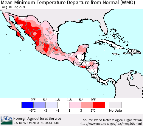 Mexico Central America and the Caribbean Mean Minimum Temperature Departure from Normal (WMO) Thematic Map For 8/16/2021 - 8/22/2021