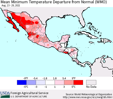 Mexico Central America and the Caribbean Mean Minimum Temperature Departure from Normal (WMO) Thematic Map For 8/23/2021 - 8/29/2021