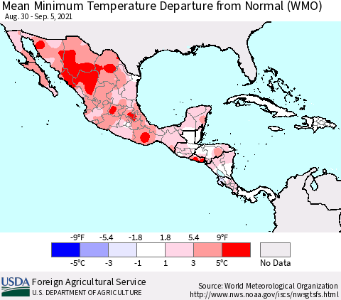 Mexico Central America and the Caribbean Mean Minimum Temperature Departure from Normal (WMO) Thematic Map For 8/30/2021 - 9/5/2021
