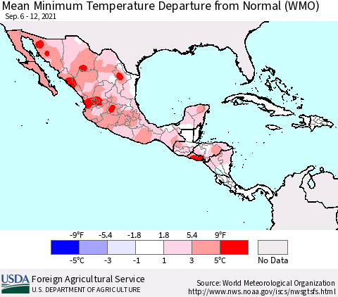 Mexico Central America and the Caribbean Mean Minimum Temperature Departure from Normal (WMO) Thematic Map For 9/6/2021 - 9/12/2021