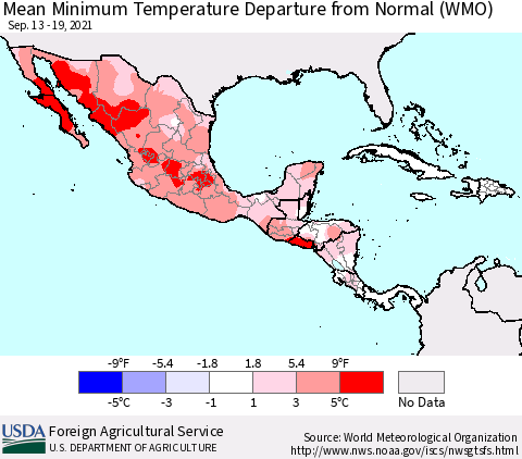 Mexico Central America and the Caribbean Mean Minimum Temperature Departure from Normal (WMO) Thematic Map For 9/13/2021 - 9/19/2021