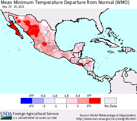 Mexico Central America and the Caribbean Mean Minimum Temperature Departure from Normal (WMO) Thematic Map For 9/20/2021 - 9/26/2021
