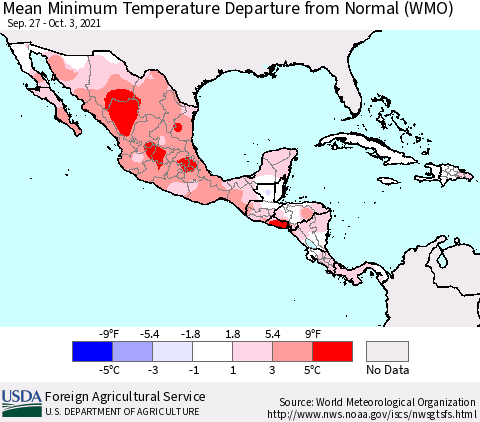 Mexico Central America and the Caribbean Mean Minimum Temperature Departure from Normal (WMO) Thematic Map For 9/27/2021 - 10/3/2021