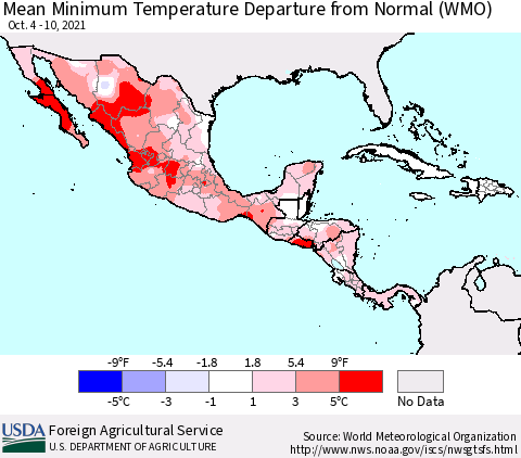 Mexico Central America and the Caribbean Mean Minimum Temperature Departure from Normal (WMO) Thematic Map For 10/4/2021 - 10/10/2021