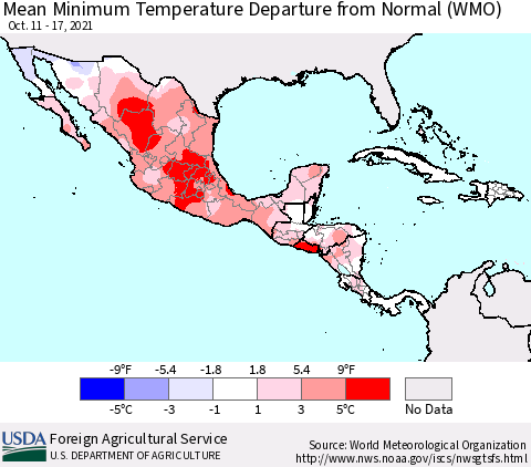 Mexico Central America and the Caribbean Mean Minimum Temperature Departure from Normal (WMO) Thematic Map For 10/11/2021 - 10/17/2021