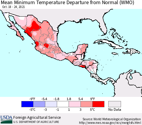 Mexico Central America and the Caribbean Mean Minimum Temperature Departure from Normal (WMO) Thematic Map For 10/18/2021 - 10/24/2021