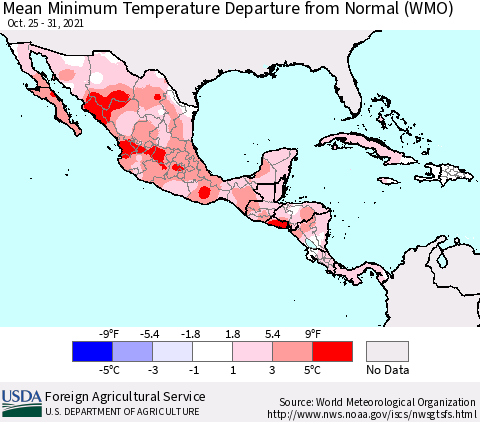 Mexico Central America and the Caribbean Mean Minimum Temperature Departure from Normal (WMO) Thematic Map For 10/25/2021 - 10/31/2021