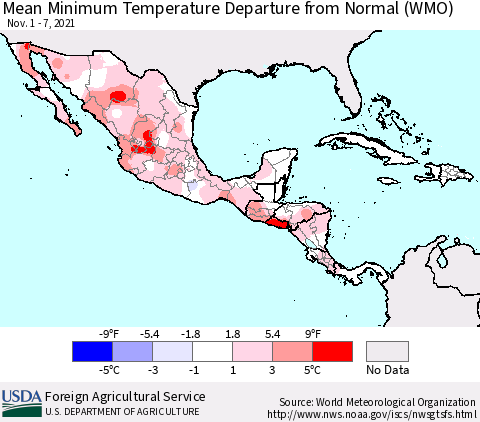 Mexico Central America and the Caribbean Mean Minimum Temperature Departure from Normal (WMO) Thematic Map For 11/1/2021 - 11/7/2021
