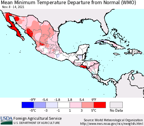 Mexico Central America and the Caribbean Mean Minimum Temperature Departure from Normal (WMO) Thematic Map For 11/8/2021 - 11/14/2021