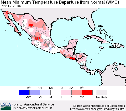 Mexico Central America and the Caribbean Mean Minimum Temperature Departure from Normal (WMO) Thematic Map For 11/15/2021 - 11/21/2021