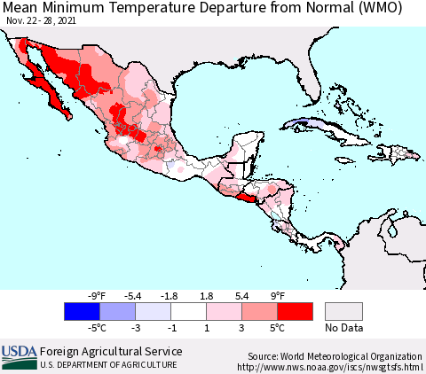 Mexico Central America and the Caribbean Mean Minimum Temperature Departure from Normal (WMO) Thematic Map For 11/22/2021 - 11/28/2021