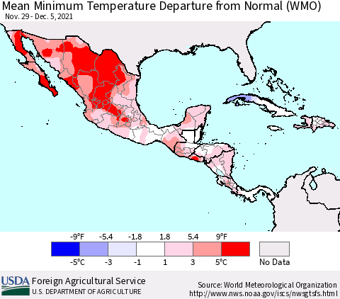 Mexico Central America and the Caribbean Mean Minimum Temperature Departure from Normal (WMO) Thematic Map For 11/29/2021 - 12/5/2021