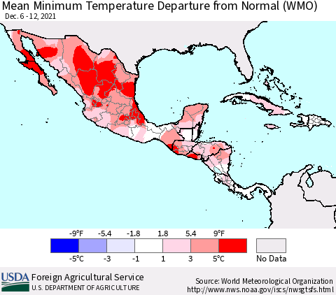 Mexico Central America and the Caribbean Mean Minimum Temperature Departure from Normal (WMO) Thematic Map For 12/6/2021 - 12/12/2021