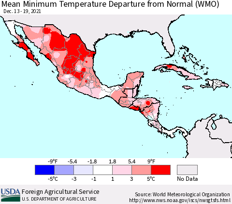 Mexico Central America and the Caribbean Mean Minimum Temperature Departure from Normal (WMO) Thematic Map For 12/13/2021 - 12/19/2021