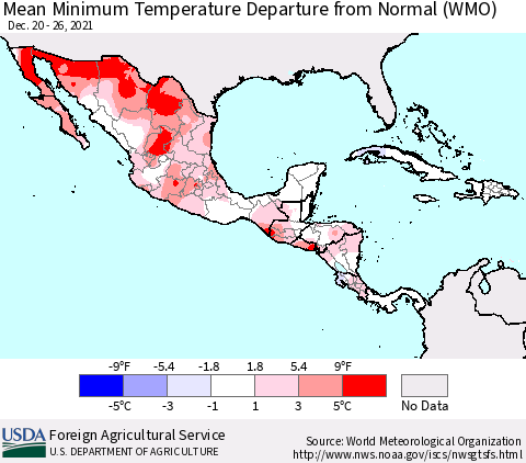 Mexico Central America and the Caribbean Mean Minimum Temperature Departure from Normal (WMO) Thematic Map For 12/20/2021 - 12/26/2021