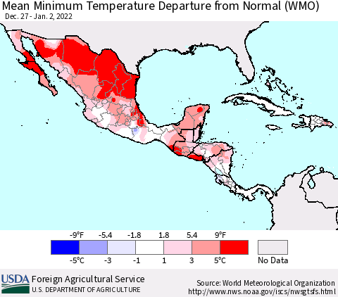 Mexico Central America and the Caribbean Mean Minimum Temperature Departure from Normal (WMO) Thematic Map For 12/27/2021 - 1/2/2022