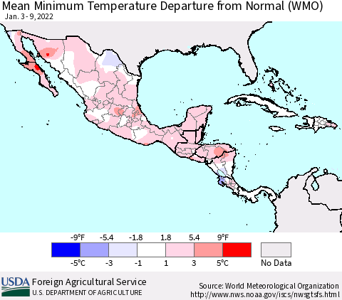 Mexico Central America and the Caribbean Mean Minimum Temperature Departure from Normal (WMO) Thematic Map For 1/3/2022 - 1/9/2022