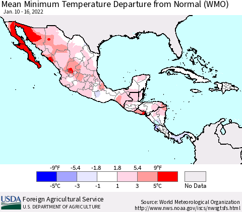 Mexico Central America and the Caribbean Mean Minimum Temperature Departure from Normal (WMO) Thematic Map For 1/10/2022 - 1/16/2022