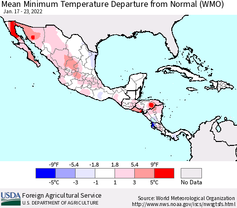 Mexico Central America and the Caribbean Mean Minimum Temperature Departure from Normal (WMO) Thematic Map For 1/17/2022 - 1/23/2022