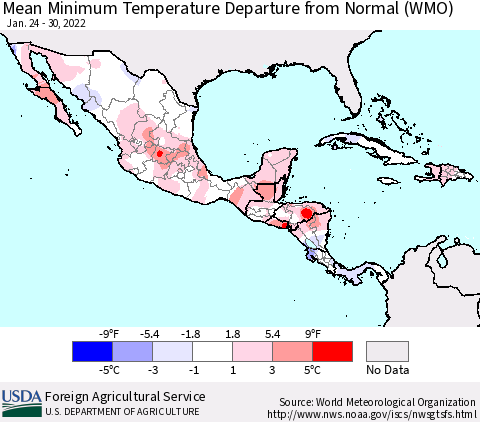 Mexico Central America and the Caribbean Mean Minimum Temperature Departure from Normal (WMO) Thematic Map For 1/24/2022 - 1/30/2022