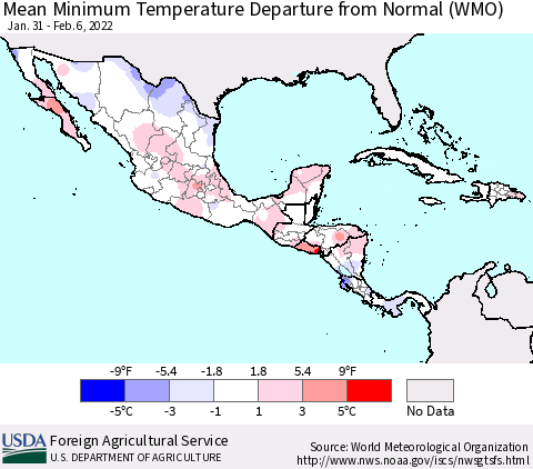 Mexico Central America and the Caribbean Mean Minimum Temperature Departure from Normal (WMO) Thematic Map For 1/31/2022 - 2/6/2022
