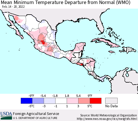Mexico Central America and the Caribbean Mean Minimum Temperature Departure from Normal (WMO) Thematic Map For 2/14/2022 - 2/20/2022