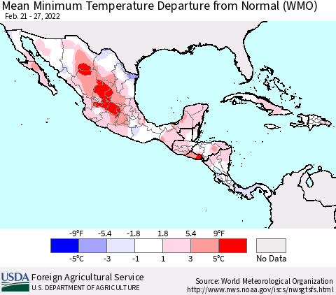 Mexico Central America and the Caribbean Mean Minimum Temperature Departure from Normal (WMO) Thematic Map For 2/21/2022 - 2/27/2022