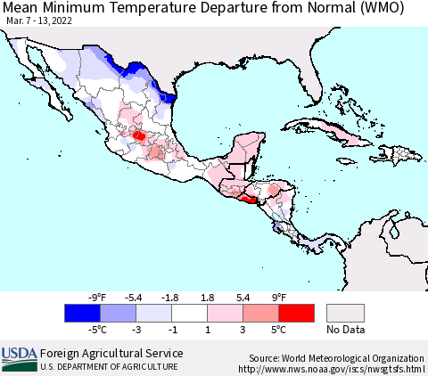 Mexico Central America and the Caribbean Mean Minimum Temperature Departure from Normal (WMO) Thematic Map For 3/7/2022 - 3/13/2022