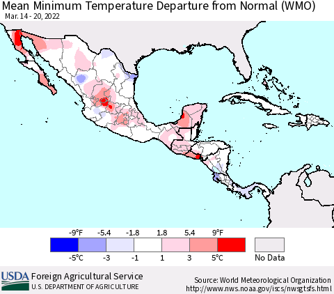 Mexico Central America and the Caribbean Mean Minimum Temperature Departure from Normal (WMO) Thematic Map For 3/14/2022 - 3/20/2022