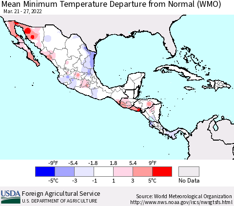 Mexico Central America and the Caribbean Mean Minimum Temperature Departure from Normal (WMO) Thematic Map For 3/21/2022 - 3/27/2022