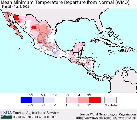 Mexico Central America and the Caribbean Mean Minimum Temperature Departure from Normal (WMO) Thematic Map For 3/28/2022 - 4/3/2022