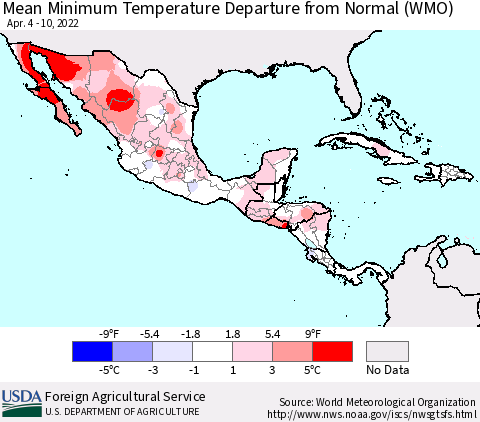 Mexico Central America and the Caribbean Mean Minimum Temperature Departure from Normal (WMO) Thematic Map For 4/4/2022 - 4/10/2022