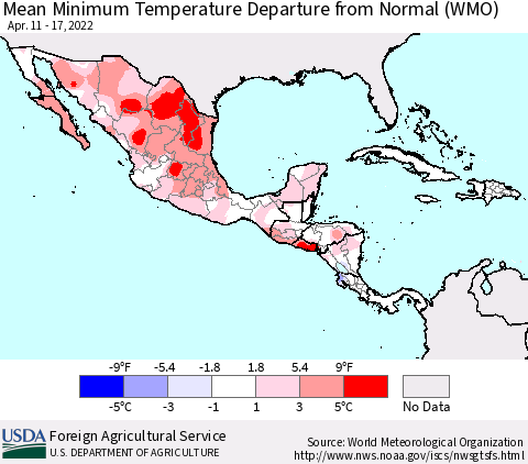 Mexico Central America and the Caribbean Mean Minimum Temperature Departure from Normal (WMO) Thematic Map For 4/11/2022 - 4/17/2022