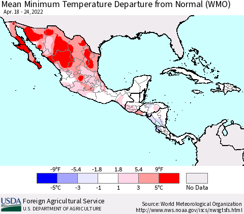 Mexico Central America and the Caribbean Mean Minimum Temperature Departure from Normal (WMO) Thematic Map For 4/18/2022 - 4/24/2022
