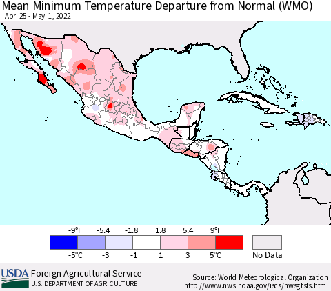 Mexico Central America and the Caribbean Mean Minimum Temperature Departure from Normal (WMO) Thematic Map For 4/25/2022 - 5/1/2022