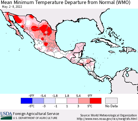 Mexico Central America and the Caribbean Mean Minimum Temperature Departure from Normal (WMO) Thematic Map For 5/2/2022 - 5/8/2022