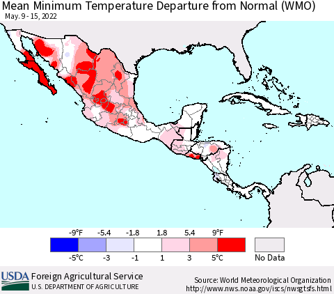 Mexico Central America and the Caribbean Mean Minimum Temperature Departure from Normal (WMO) Thematic Map For 5/9/2022 - 5/15/2022