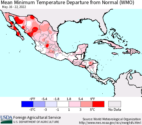 Mexico Central America and the Caribbean Mean Minimum Temperature Departure from Normal (WMO) Thematic Map For 5/16/2022 - 5/22/2022