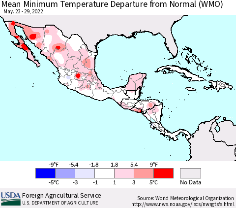Mexico Central America and the Caribbean Mean Minimum Temperature Departure from Normal (WMO) Thematic Map For 5/23/2022 - 5/29/2022