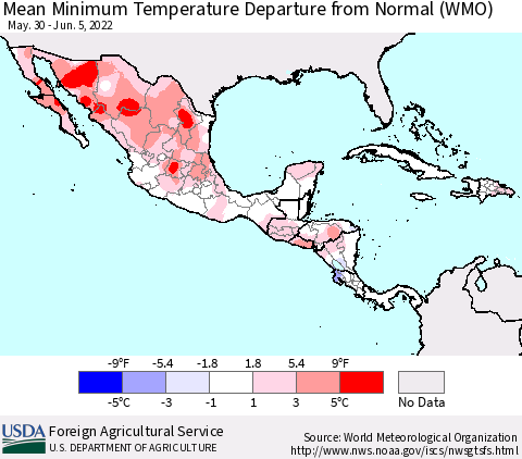 Mexico Central America and the Caribbean Mean Minimum Temperature Departure from Normal (WMO) Thematic Map For 5/30/2022 - 6/5/2022