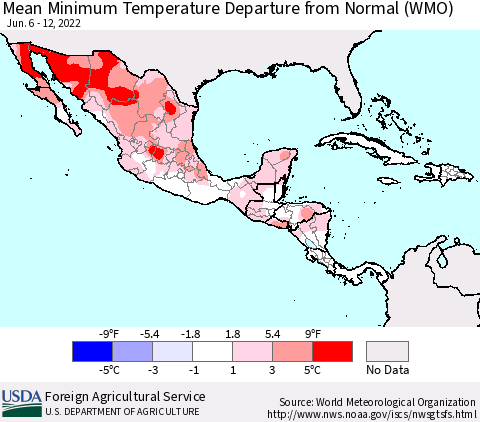 Mexico Central America and the Caribbean Mean Minimum Temperature Departure from Normal (WMO) Thematic Map For 6/6/2022 - 6/12/2022