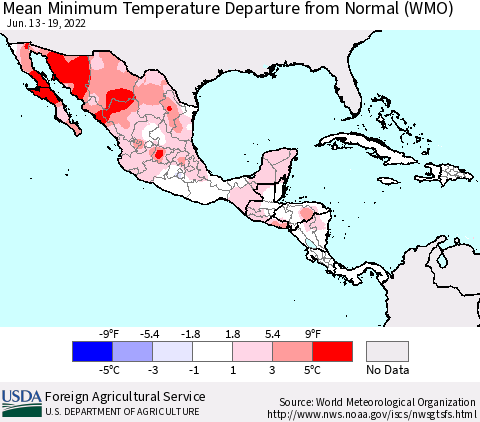 Mexico Central America and the Caribbean Mean Minimum Temperature Departure from Normal (WMO) Thematic Map For 6/13/2022 - 6/19/2022