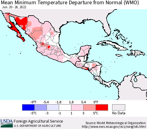 Mexico Central America and the Caribbean Mean Minimum Temperature Departure from Normal (WMO) Thematic Map For 6/20/2022 - 6/26/2022