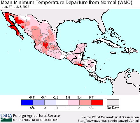 Mexico Central America and the Caribbean Mean Minimum Temperature Departure from Normal (WMO) Thematic Map For 6/27/2022 - 7/3/2022
